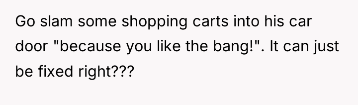 Go slam some shopping carts into his car door "because...