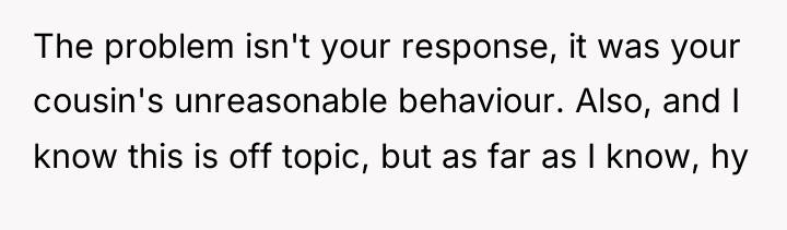 The problem isn't your response, it was your cousin's unreasonable...