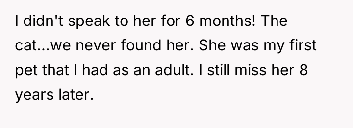 I didn't speak to her for 6 months! The cat...we...
