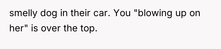 smelly dog in their car. You "blowing up on her"...