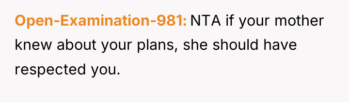 Open-Examination-981 NTA if your mother knew about your plans, she...