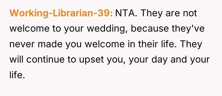 Working-Librarian-39 NTA. They are not welcome to your wedding, because...