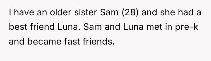 I have an older sister Sam (28) and she had...