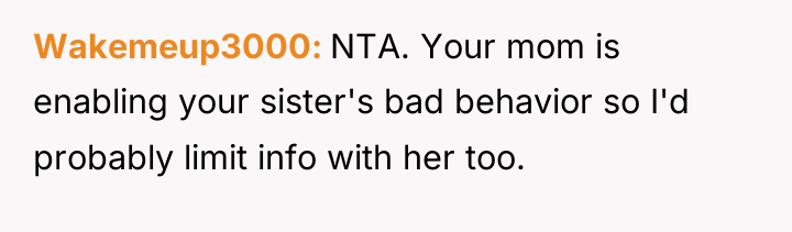 Wakemeup3000 NTA. Your mom is enabling your sister's bad behavior...