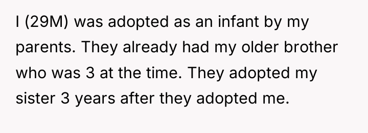 I (29M) was adopted as an infant by my parents....