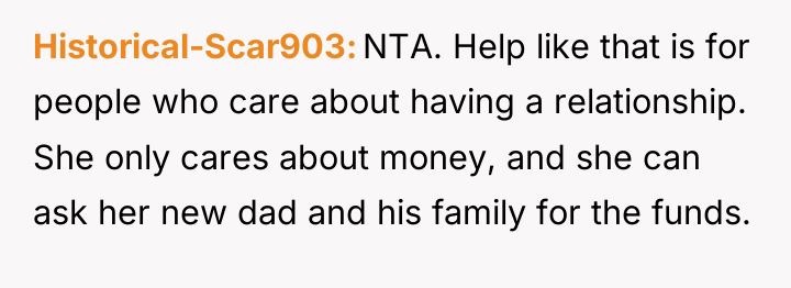 Historical-Scar903 NTA. Help like that is for people who care...