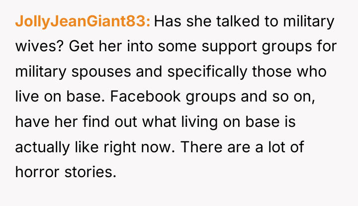 JollyJeanGiant83 Has she talked to military wives? Get her into...