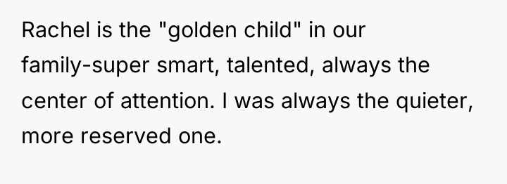 Rachel is the "golden child" in our family-super smart, talented,...