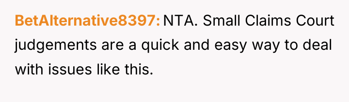 BetAlternative8397 NTA. Small Claims Court judgements are a quick and...