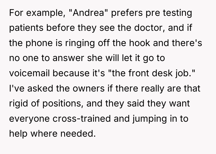 For example, "Andrea" prefers pre testing patients before they see...