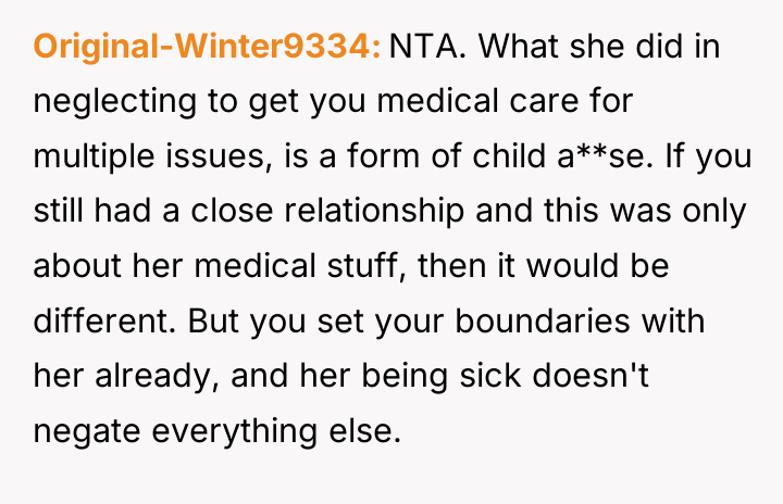 Original-Winter9334 NTA. What she did in neglecting to get you...