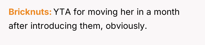 Bricknuts YTA for moving her in a month after introducing...