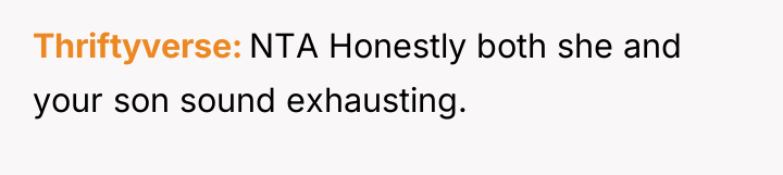 Thriftyverse NTA Honestly both she and your son sound exhausting.