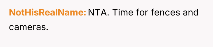 NotHisRealName NTA. Time for fences and cameras.