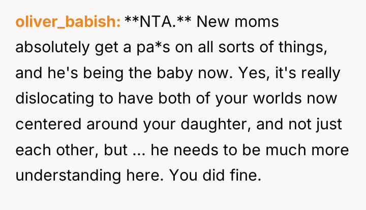 oliver_babish **NTA.** New moms absolutely get a pa*s on all...