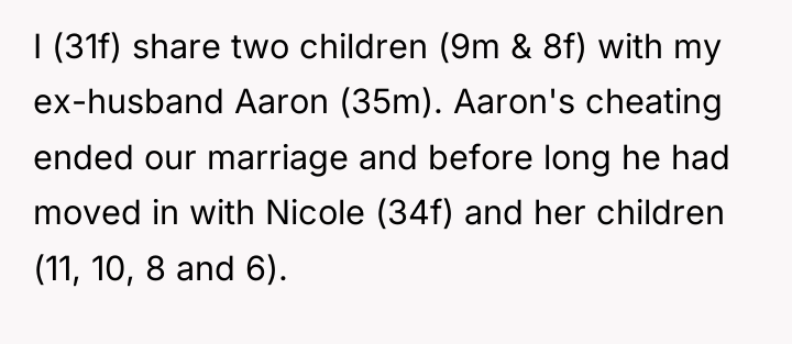 I (31f) share two children (9m & 8f) with my...