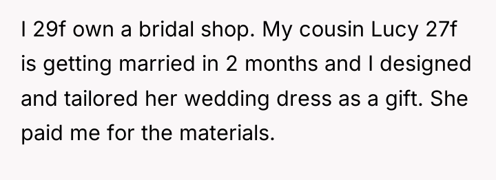 I 29f own a bridal shop. My cousin Lucy 27f...