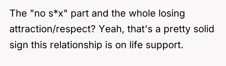 The "no s*x" part and the whole losing attraction/respect? Yeah,...
