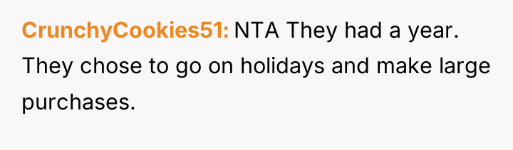 CrunchyCookies51 NTA They had a year. They chose to go...