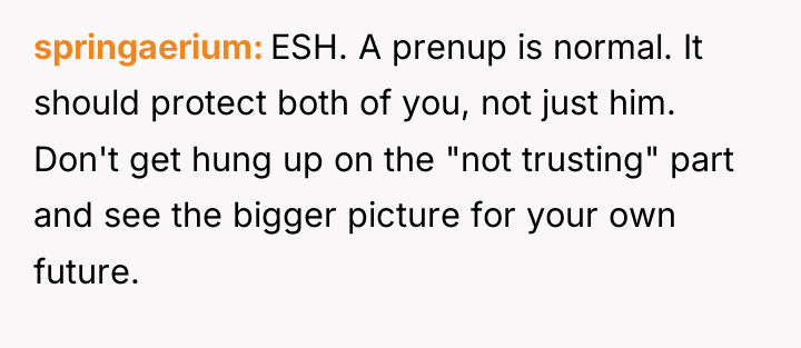 springaerium ESH. A prenup is normal. It should protect both...