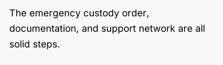 The emergency custody order, documentation, and support network are all...