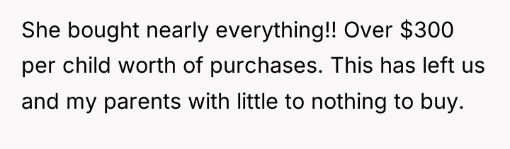 She bought nearly everything!! Over $300 per child worth of...