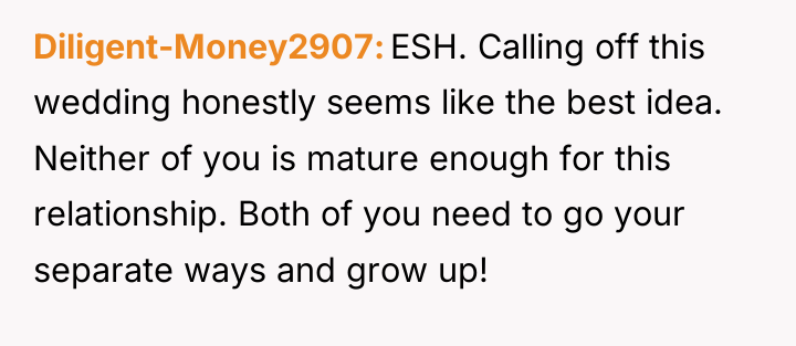 Diligent-Money2907 ESH. Calling off this wedding honestly seems like the...