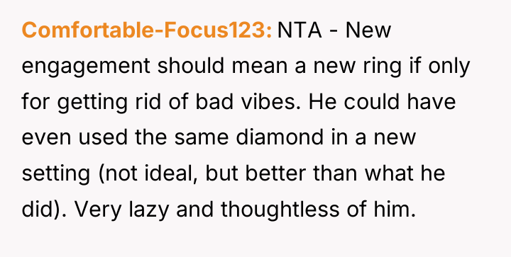 Comfortable-Focus123 NTA - New engagement should mean a new ring...