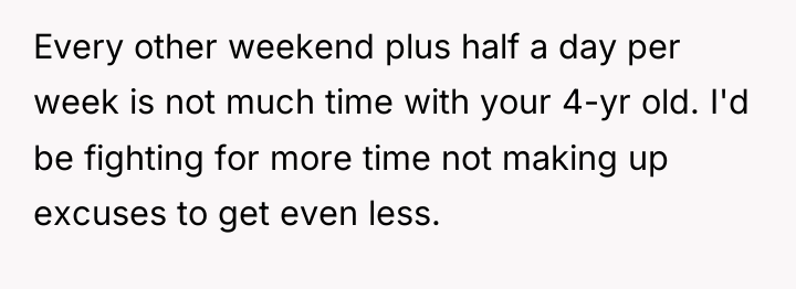 Every other weekend plus half a day per week is...