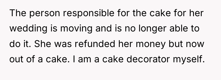 The person responsible for the cake for her wedding is...