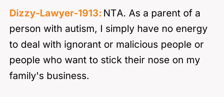 Dizzy-Lawyer-1913 NTA. As a parent of a person with autism,...