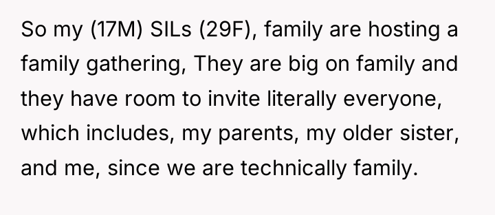 So my (17M) SILs (29F), family are hosting a family...