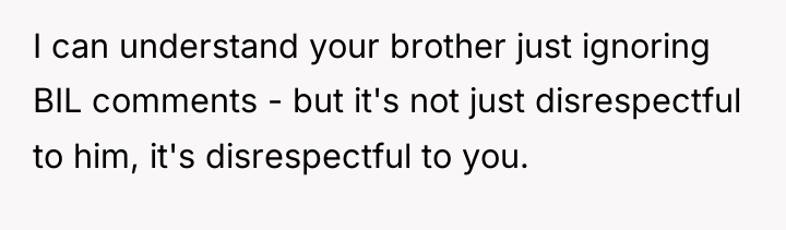 I can understand your brother just ignoring BIL comments -...