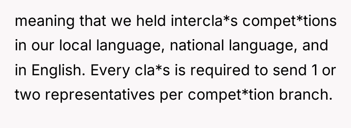 meaning that we held intercla*s compet*tions in our local language,...