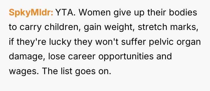 SpkyMldr YTA. Women give up their bodies to carry children,...