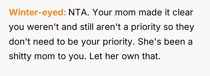 Winter-eyed NTA. Your mom made it clear you weren't and...