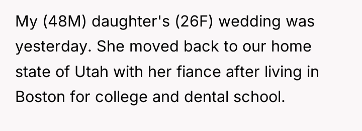 My (48M) daughter's (26F) wedding was yesterday. She moved back...