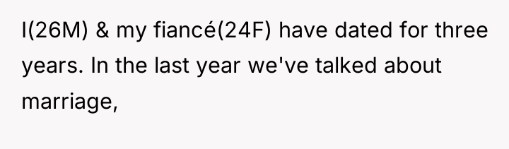 I(26M) & my fiancé(24F) have dated for three years. In...