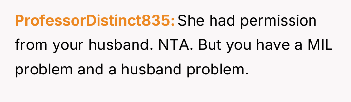 ProfessorDistinct835 She had permission from your husband. NTA. But you...