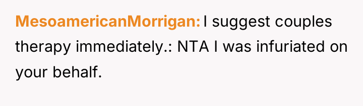 MesoamericanMorrigan I suggest couples therapy immediately.: NTA I was infuriated...