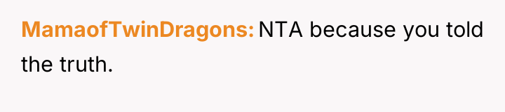 MamaofTwinDragons NTA because you told the truth.