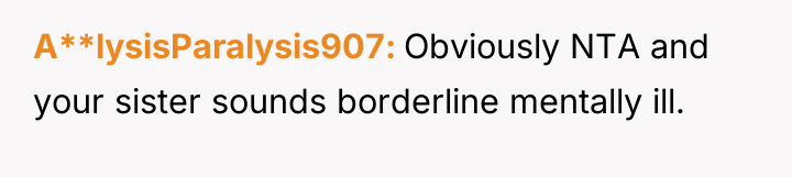 A**lysisParalysis907 Obviously NTA and your sister sounds borderline mentally ill.