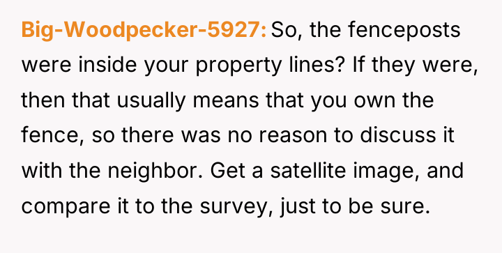 Big-Woodpecker-5927 So, the fenceposts were inside your property lines? If...