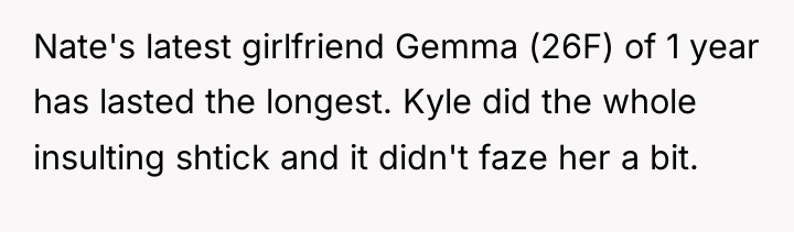 Nate's latest girlfriend Gemma (26F) of 1 year has lasted...