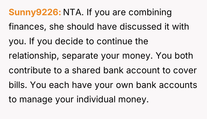 Sunny9226 NTA. If you are combining finances, she should have...
