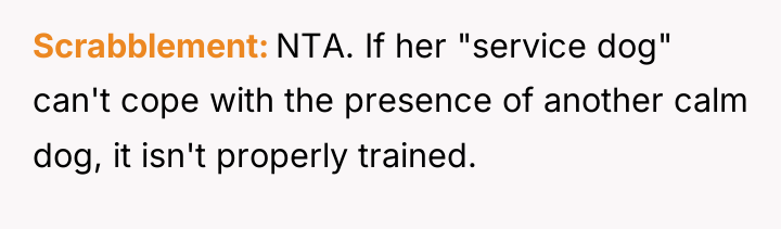 Scrabblement NTA. If her "service dog" can't cope with the...