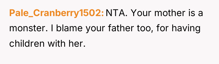 Pale_Cranberry1502 NTA. Your mother is a monster. I blame your...