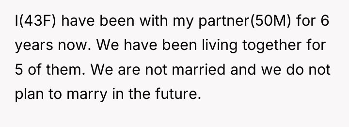 I(43F) have been with my partner(50M) for 6 years now....