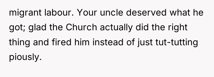 migrant labour. Your uncle deserved what he got; glad the...