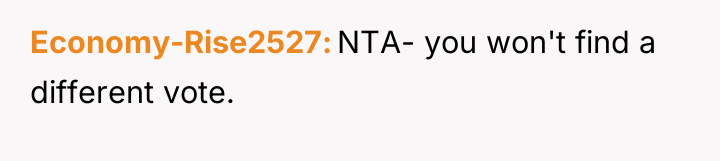 Economy-Rise2527 NTA- you won't find a different vote.